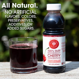 Cherry Bay Orchards Tart Montmorency concentrate front-label close-up with USA-grown cherries