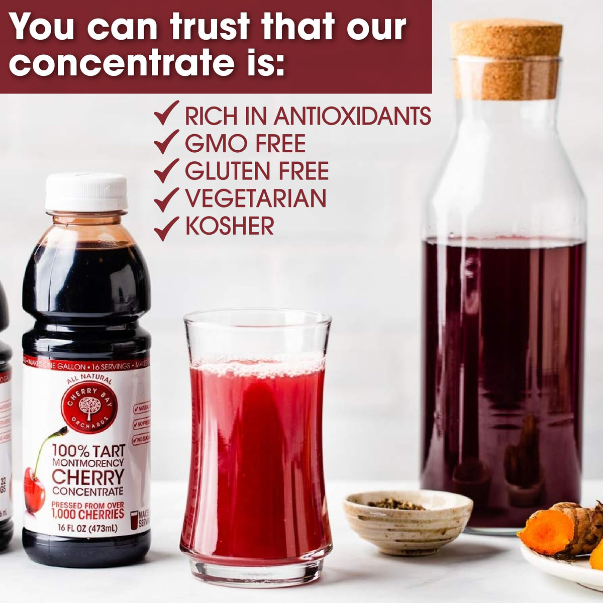 Cherry Bay Orchards Tart Montmorency concentrate packaging close-up notes kosher certification