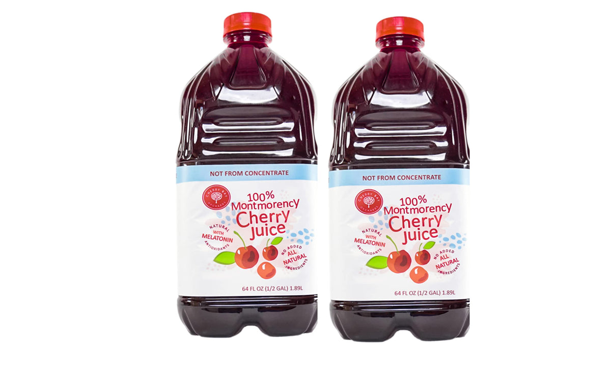 Cherry Bay Orchards tart Montmorency juice bottle close-up with deep color for refreshing post-workout hydration.