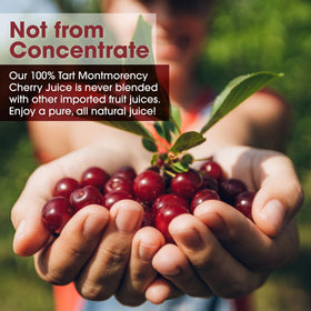 Cherry Bay Orchards tart Montmorency juice label close-up emphasizing 100% natural ingredients.