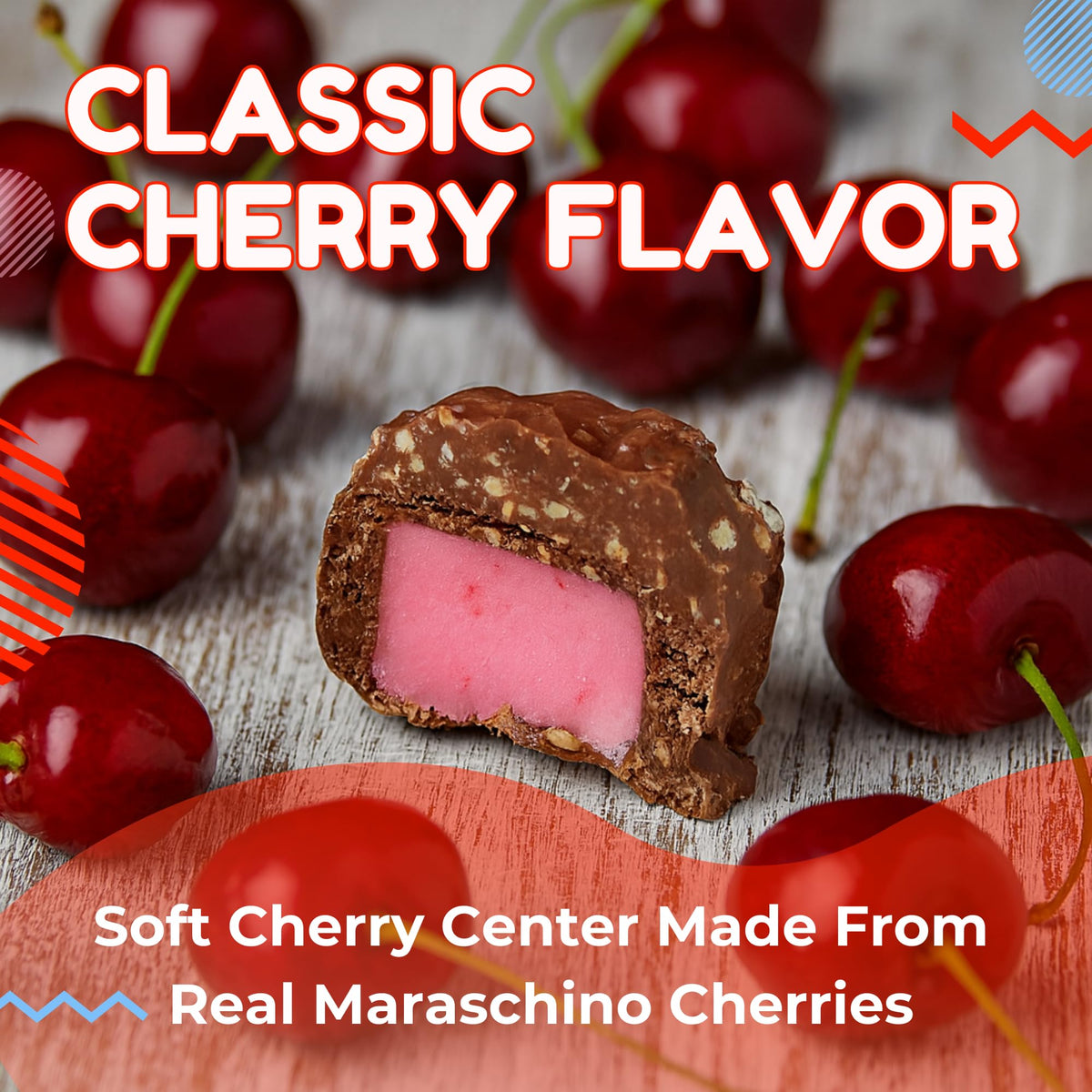 Cherry Mash chocolate peanut coating delivers crunchy texture with creamy bite.