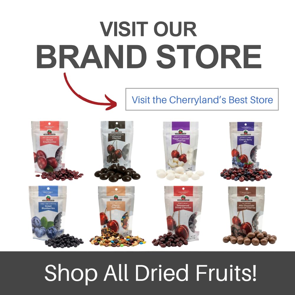 Cherryland's Best dark chocolate covered cherries – close-up shows glossy chocolate and ripe fruit, a premium snack.