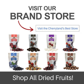 Cherryland's Best dark chocolate covered cherries – close-up shows glossy chocolate and ripe fruit, a premium snack.