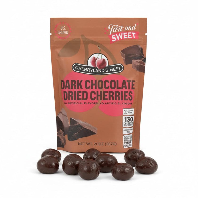 Cherryland's Best dark chocolate covered cherries – front of bag, ideal for gifting and snacking.