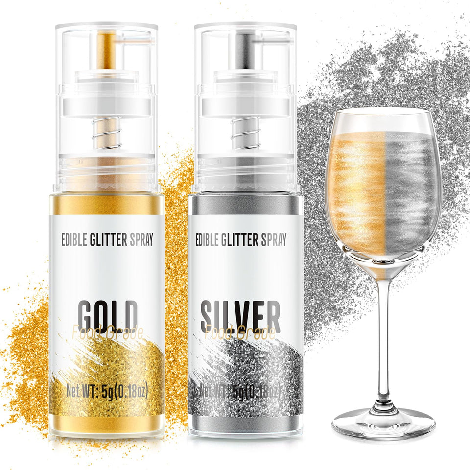 Cherrysea edible glitter spray in gold and silver for cake and drink decor
