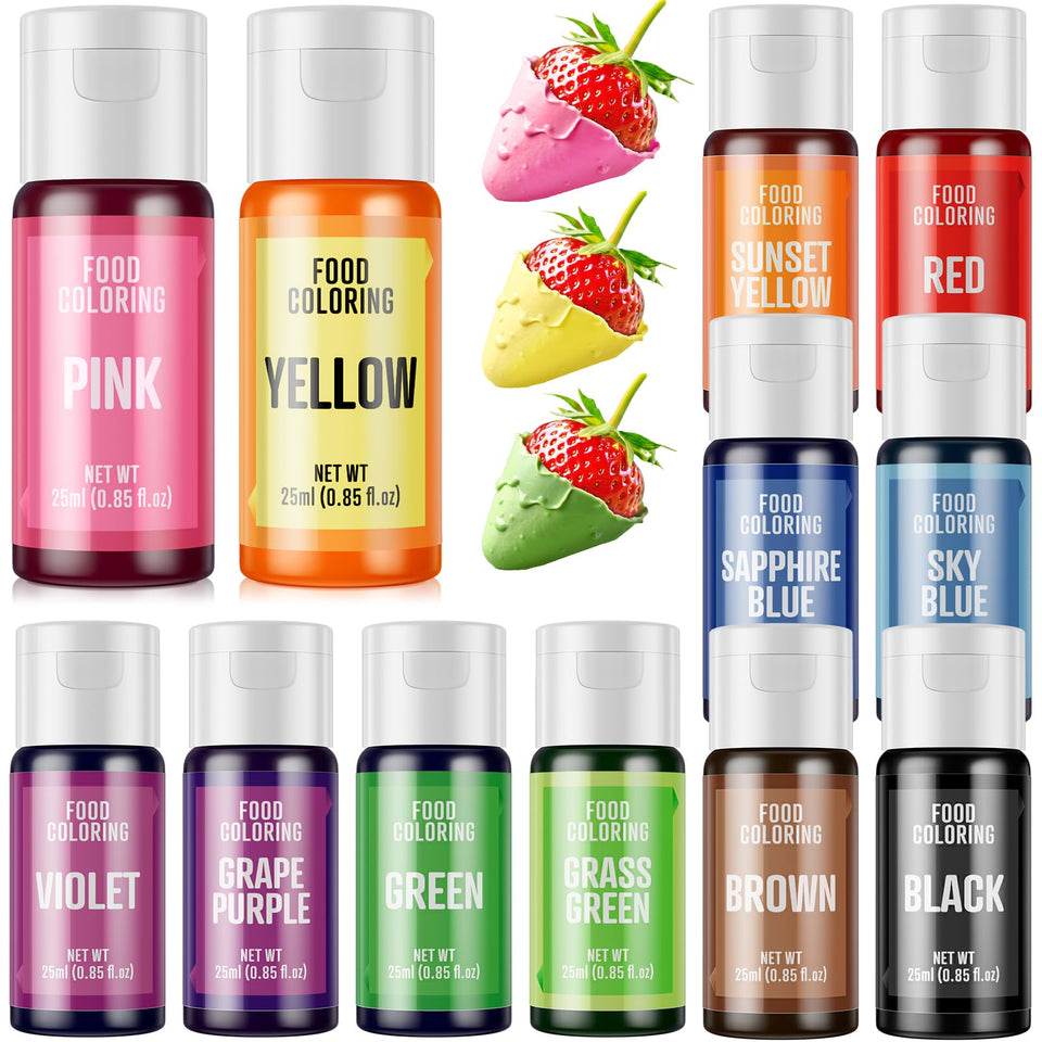 Cherrysea food coloring set shows 12 bottles for vibrant baking colors.