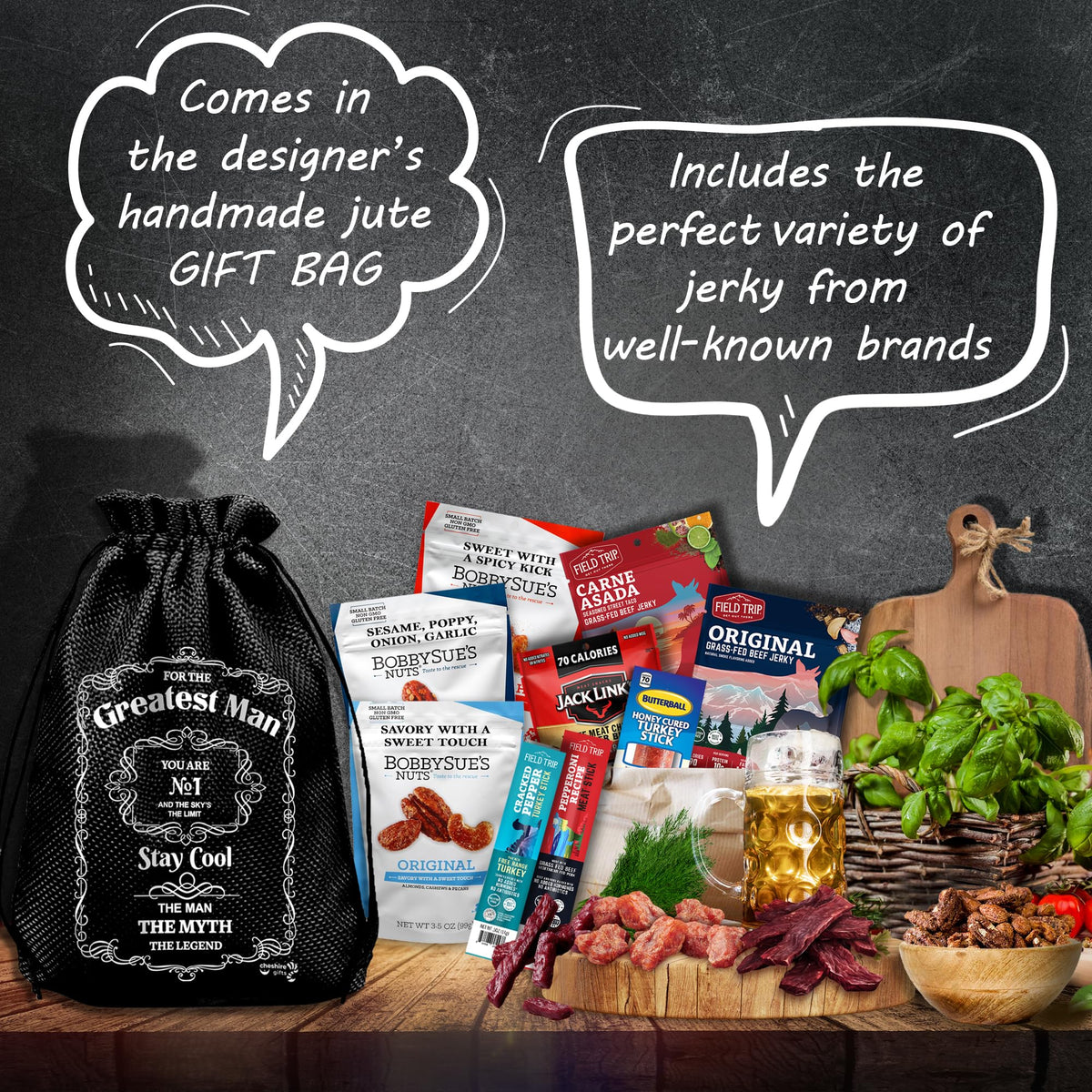 Cheshire Gifts beef bars and chicken jerky offer savory bites for quick energy.