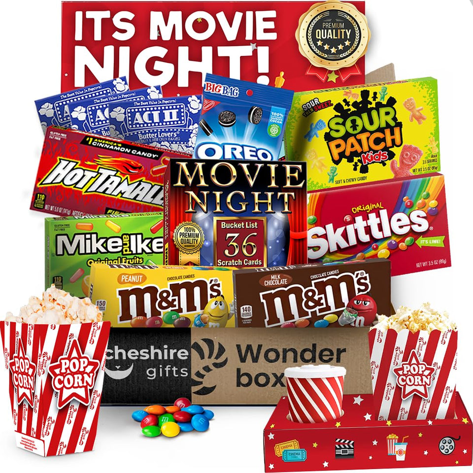 Cheshire Gifts Movie Night Basket variety pack enhances family movie nights with snacks.