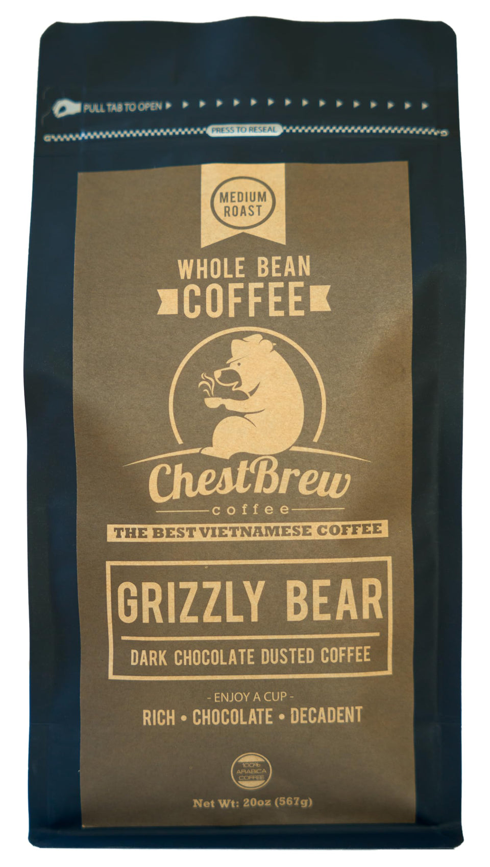 ChestBrew Grizzly Bear chocolate-dusted beans ready to grind for a bold, smooth cup.
