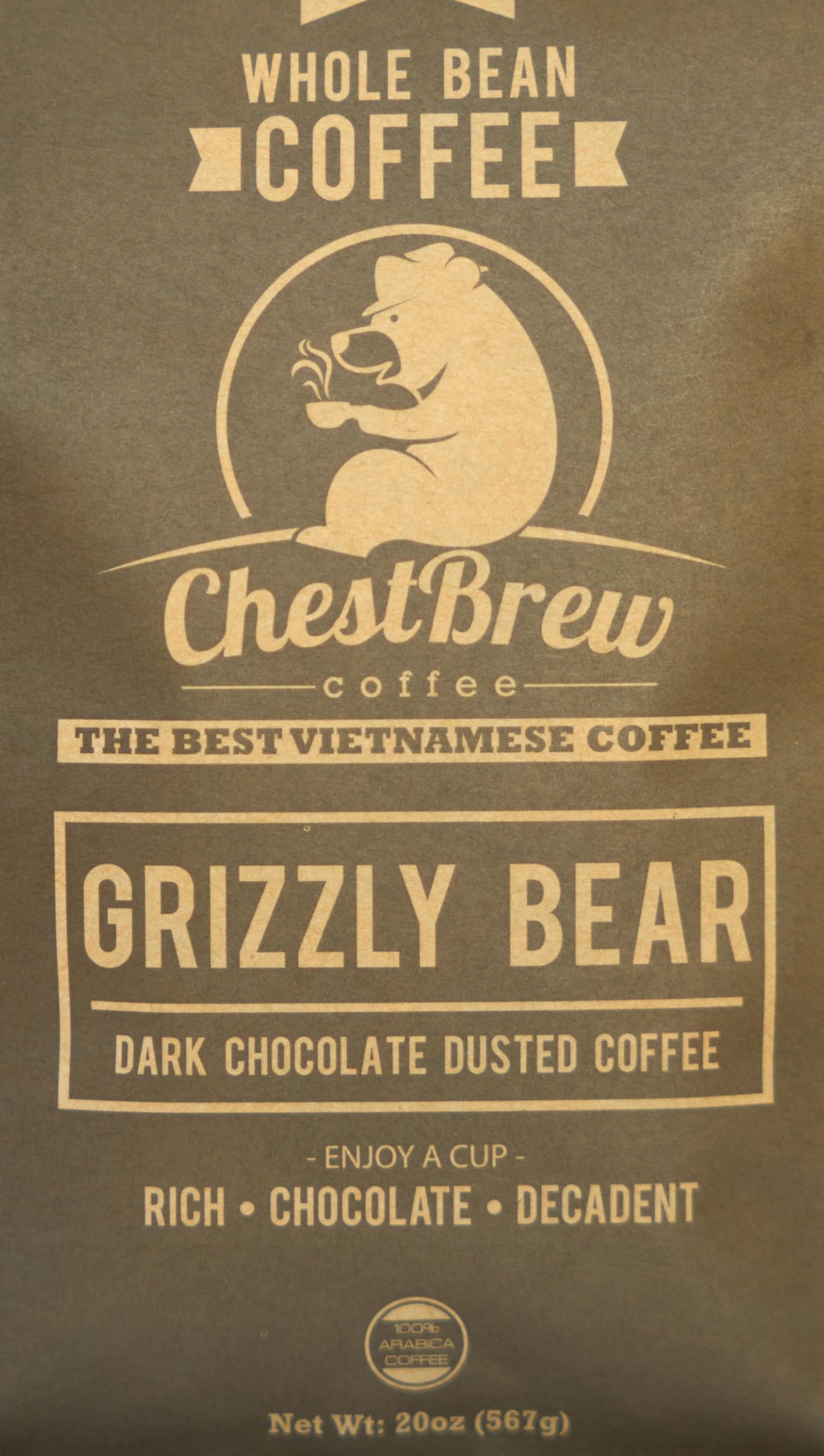 ChestBrew Grizzly Bear drip coffee cup highlighting chocolate and caramel notes.