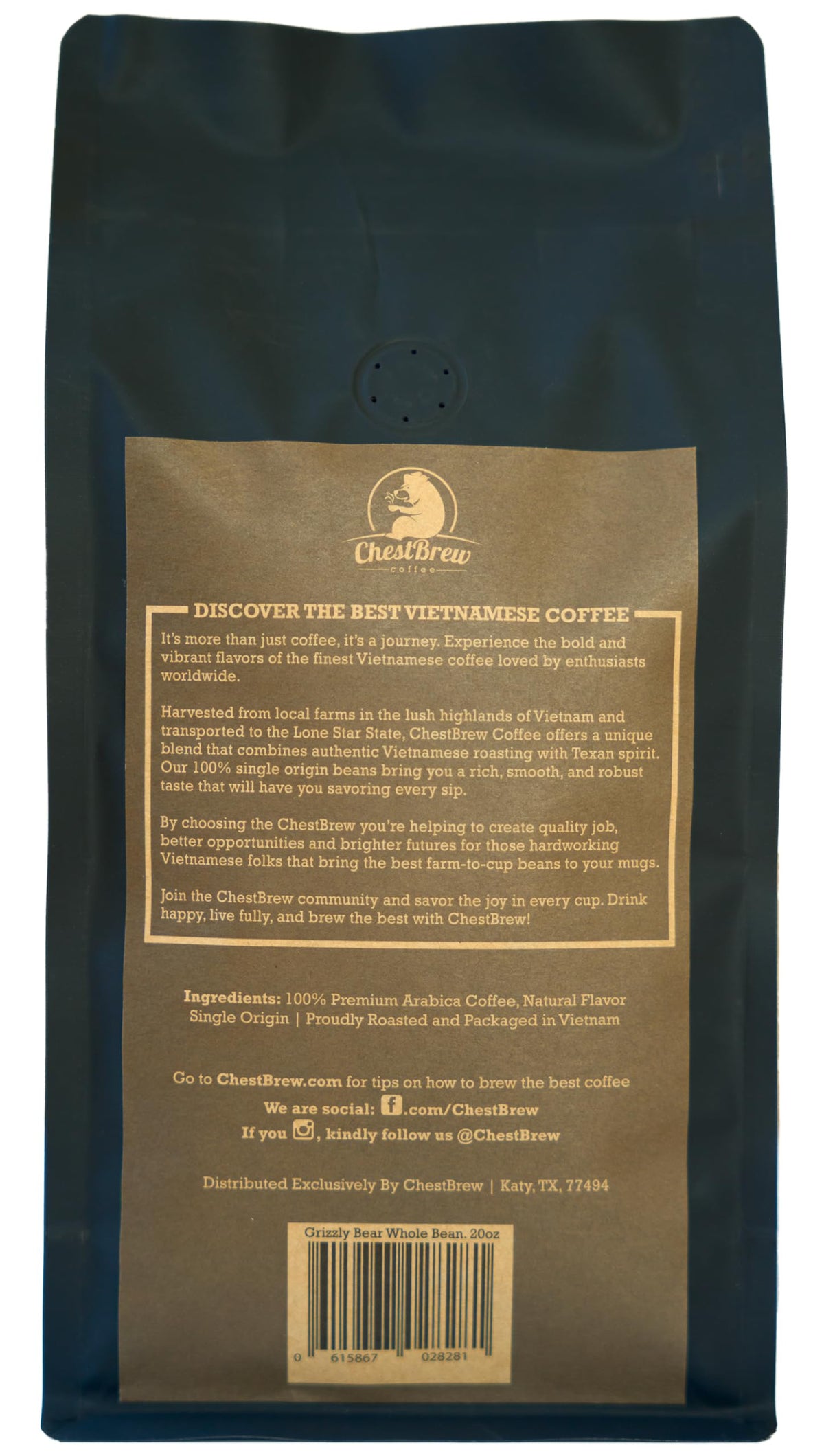 ChestBrew Grizzly Bear bag with durable zipper preserves aroma and freshness.