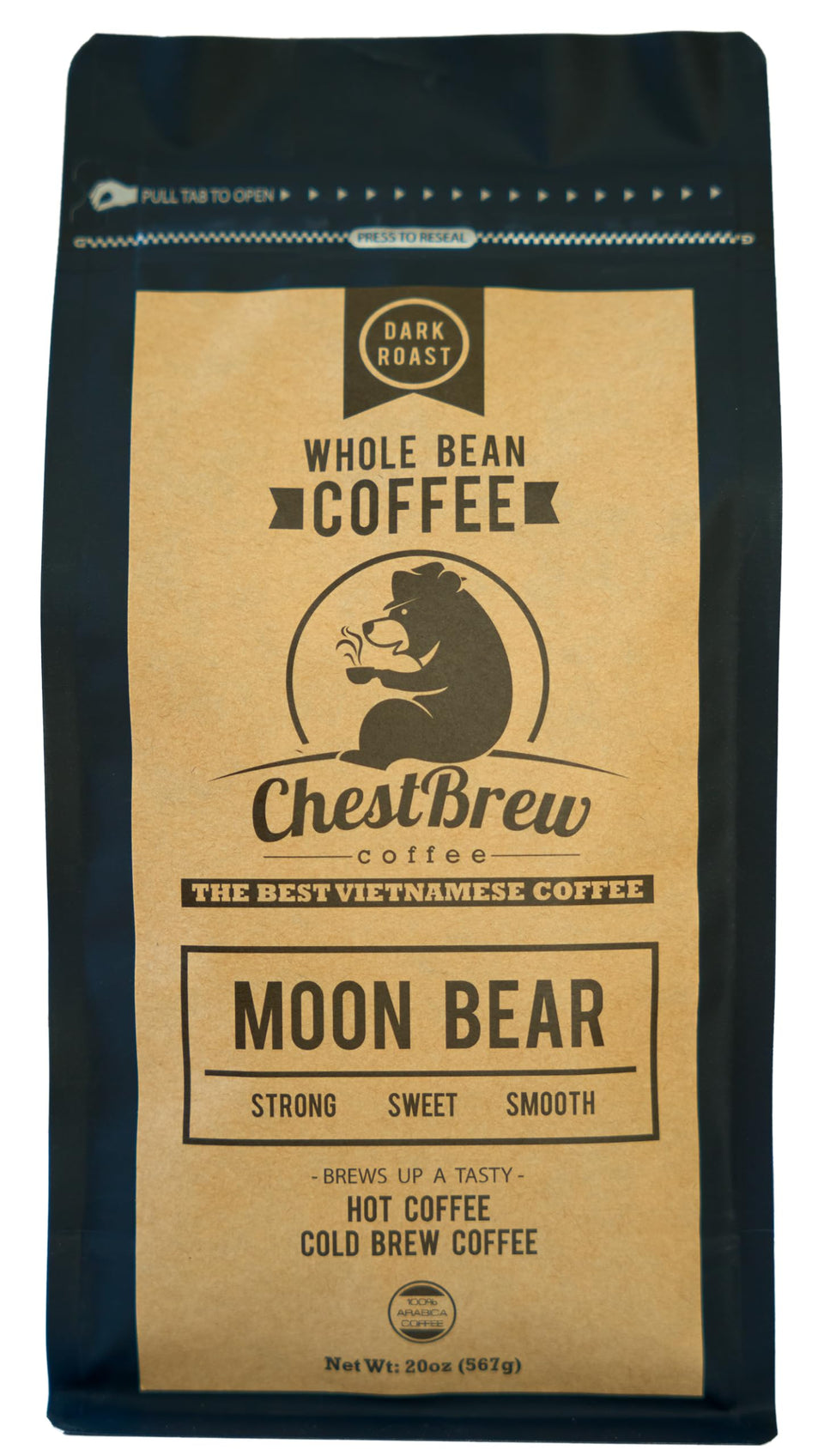 ChestBrew Moon Bear beans bag showing bold aroma and freshness.