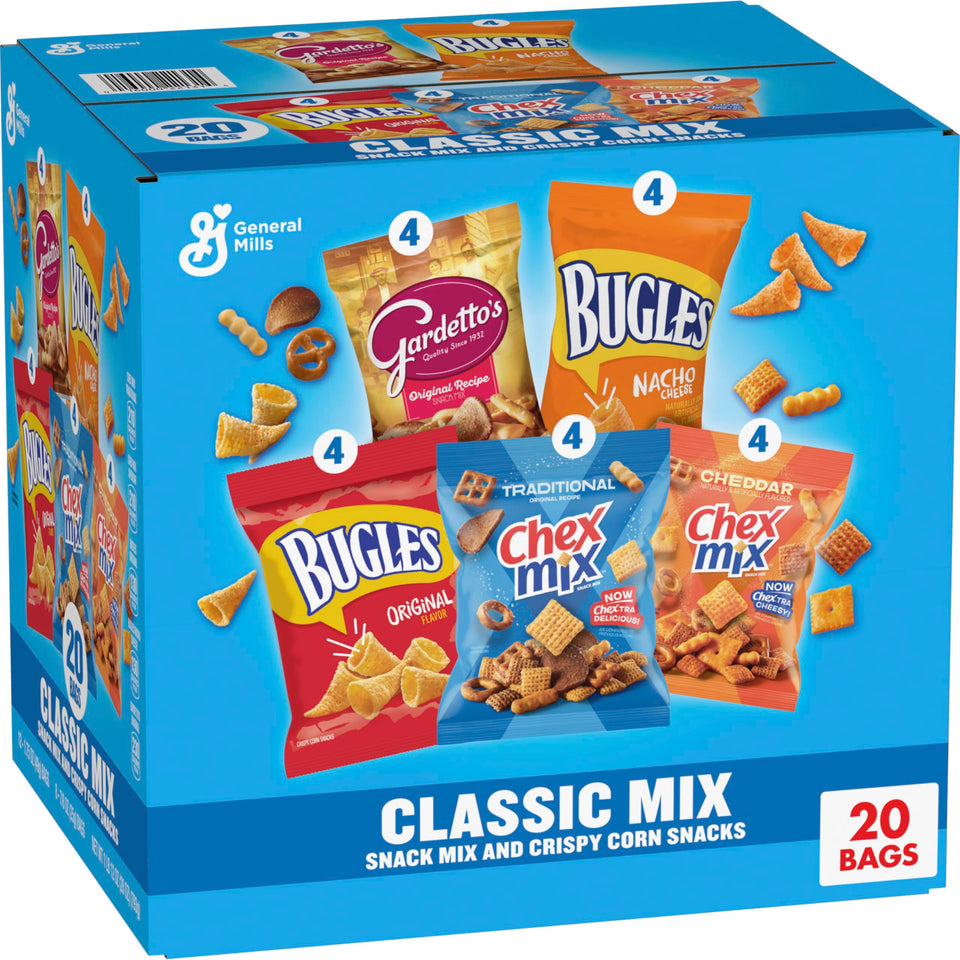 Chex Mix Classic Variety Pack 20-count box for on-the-go snacking.