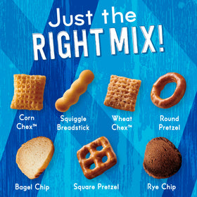 Chex Mix ingredients close-up with corn, wheat, and rye for varied crunch.