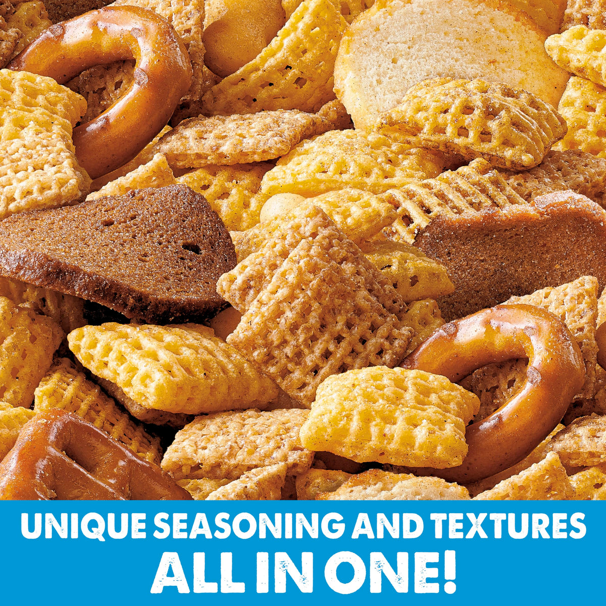 Kiosk display-ready Chex Mix pack on a counter.