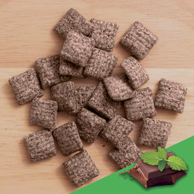 Close-up of mint chocolate coating on crispy Chex pieces.