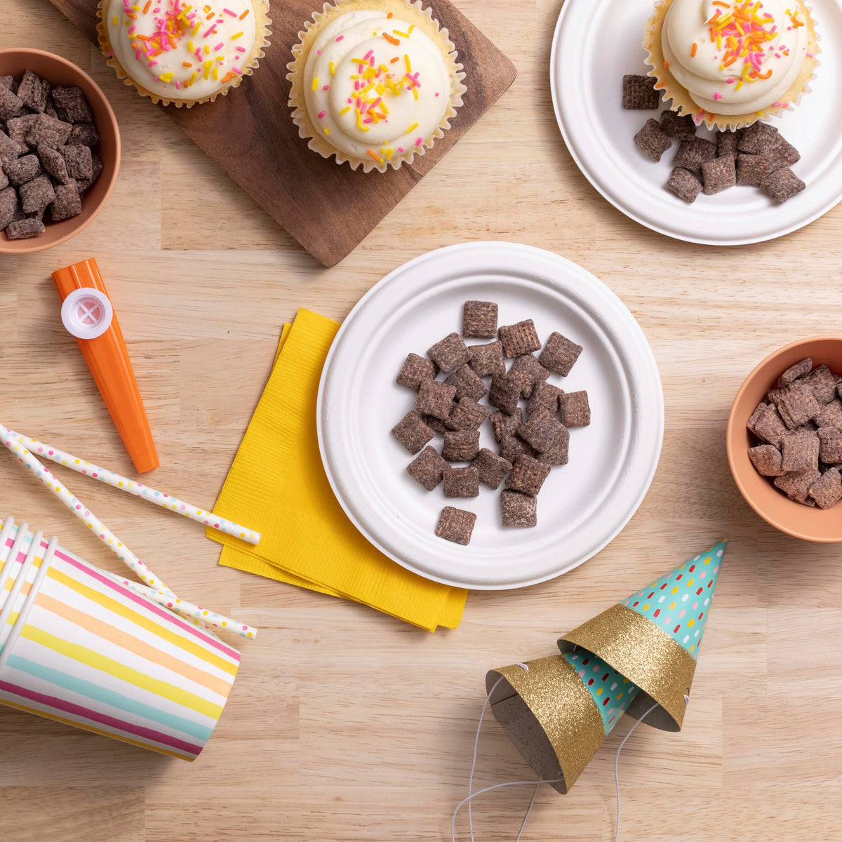 Chex Mix Muddy Buddies Brownie Supreme crisp Chex pieces with sweet coating.