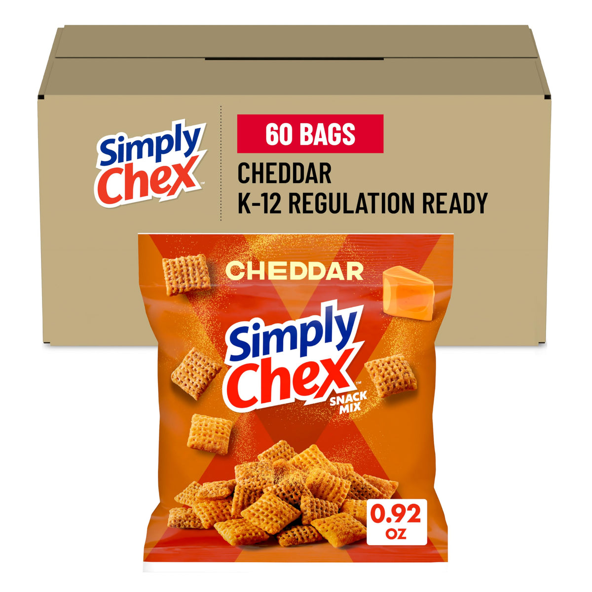 Chex Mix Simply Chex Cheddar front packaging, grab-and-go snack.