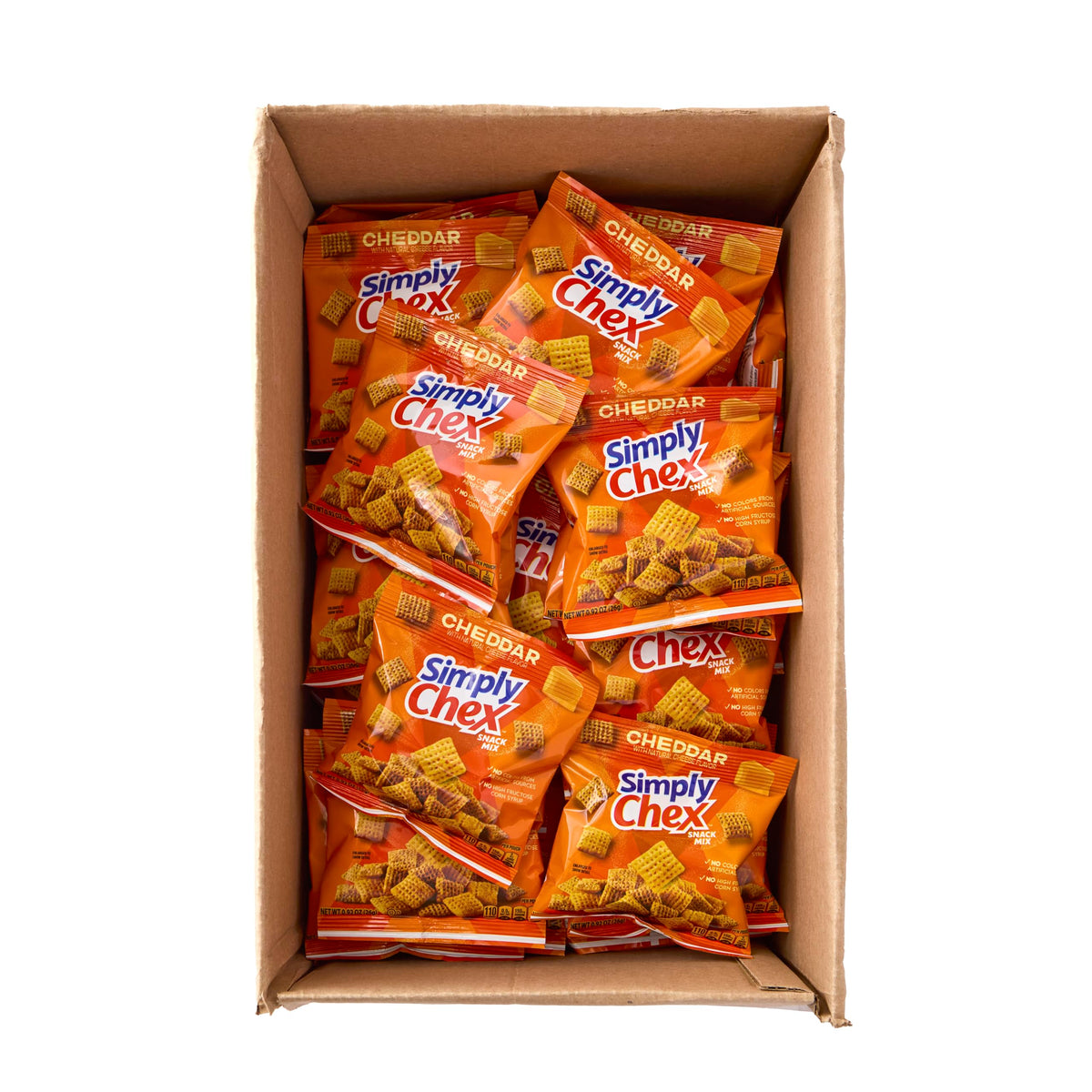 Chex Mix Simply Chex Cheddar nutrition facts panel with transparent portions.