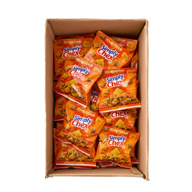 Chex Mix Simply Chex Cheddar nutrition facts panel with transparent portions.