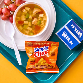 Chex Mix Simply Chex Cheddar serving portion cup for single-serve snacking.