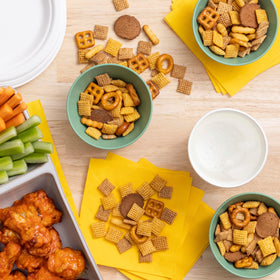 Texture-rich Chex Mix close-up highlighting variety and bite.