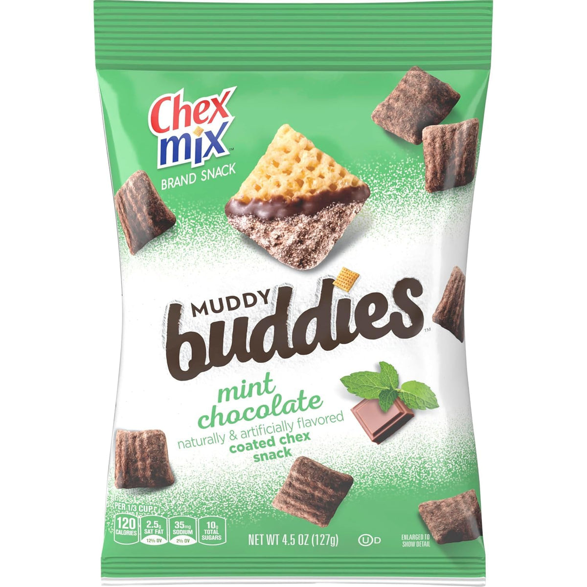 Chex Muddy Buddies Mint Chocolate bites deliver crisp texture and minty sweetness.