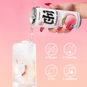 CHI FOREST flavor closeup White Peach, highlighting silky texture and peachy sweetness.