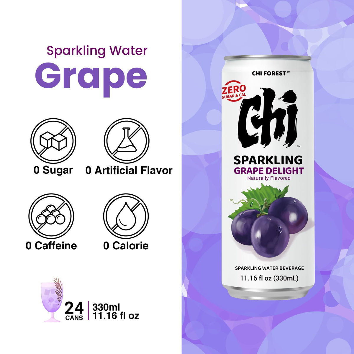CHI FOREST Grape Delight bubbles closeup highlights lively fizz for instant refreshment.