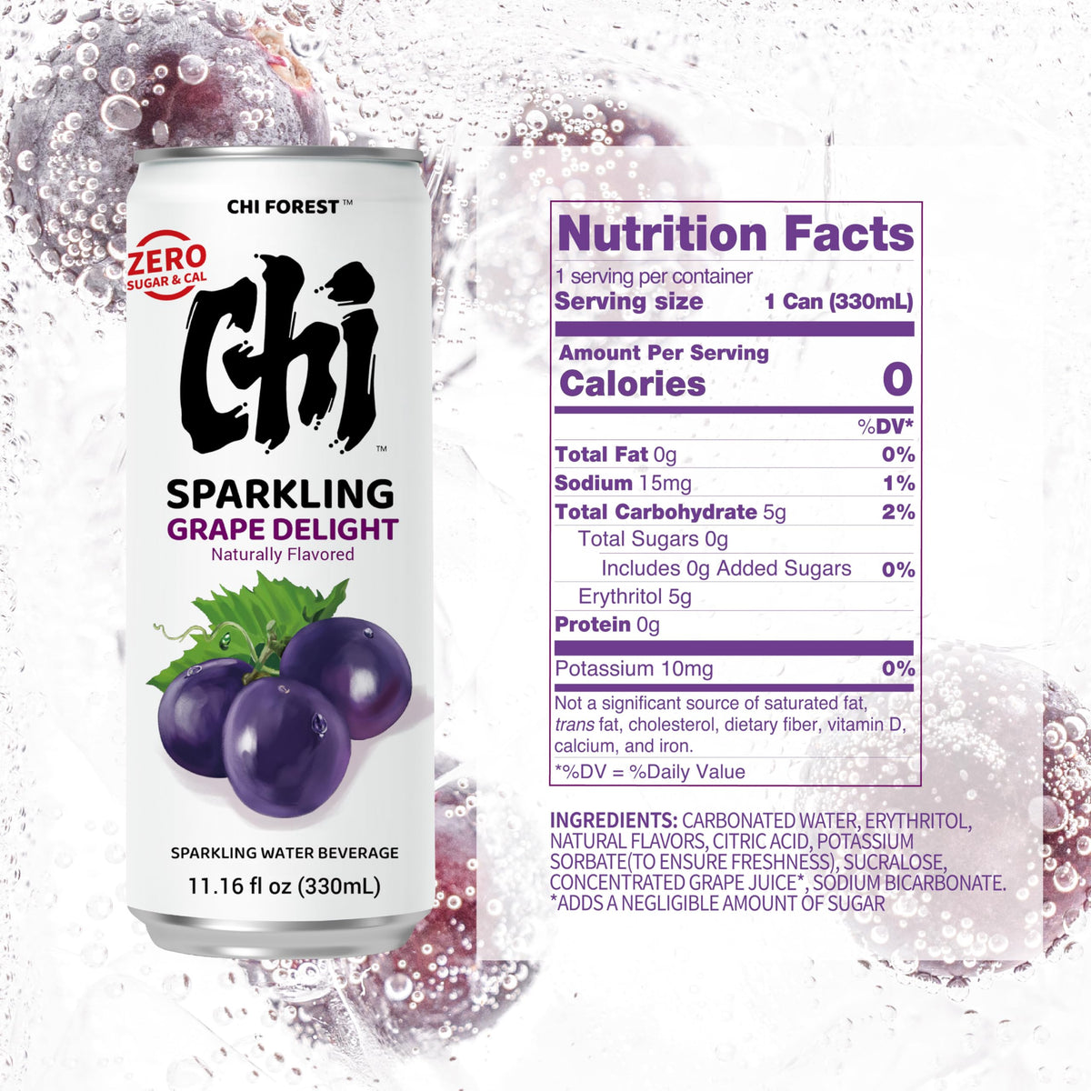 CHI FOREST Grape Delight can display bright carbonation for a refreshing sip.