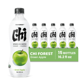 CHI FOREST Green Apple sparkling water being poured into a glass highlighting refreshing aroma and bubbles.