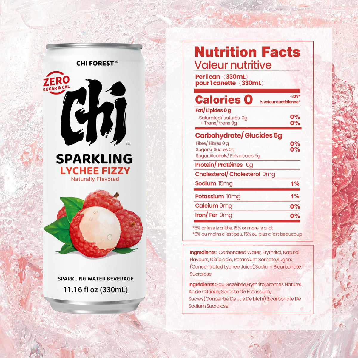 CHI FOREST Lychee Fizzy Sparkling Water can side view shows zero sugar