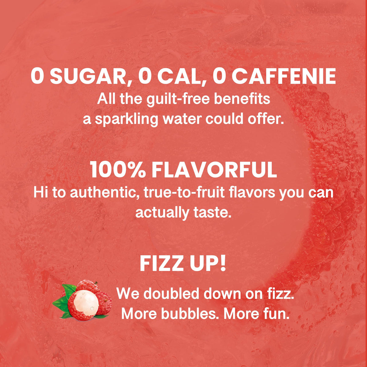 Close-up of CHI FOREST Lychee label highlights 0 sugar and 0 calories