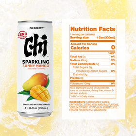 Pouring CHI FOREST Mango Sparkling Water into a glass for a refreshing, sugar-free moment.