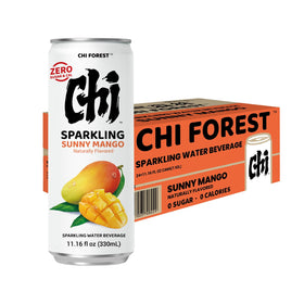 CHI FOREST Mango Sparkling Water cans stacked for on-the-go hydration.