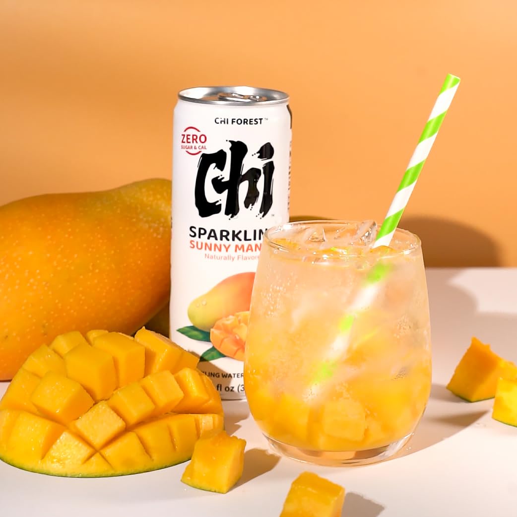 Fresh mango hint on CHI FOREST Mango Sparkling Water label.