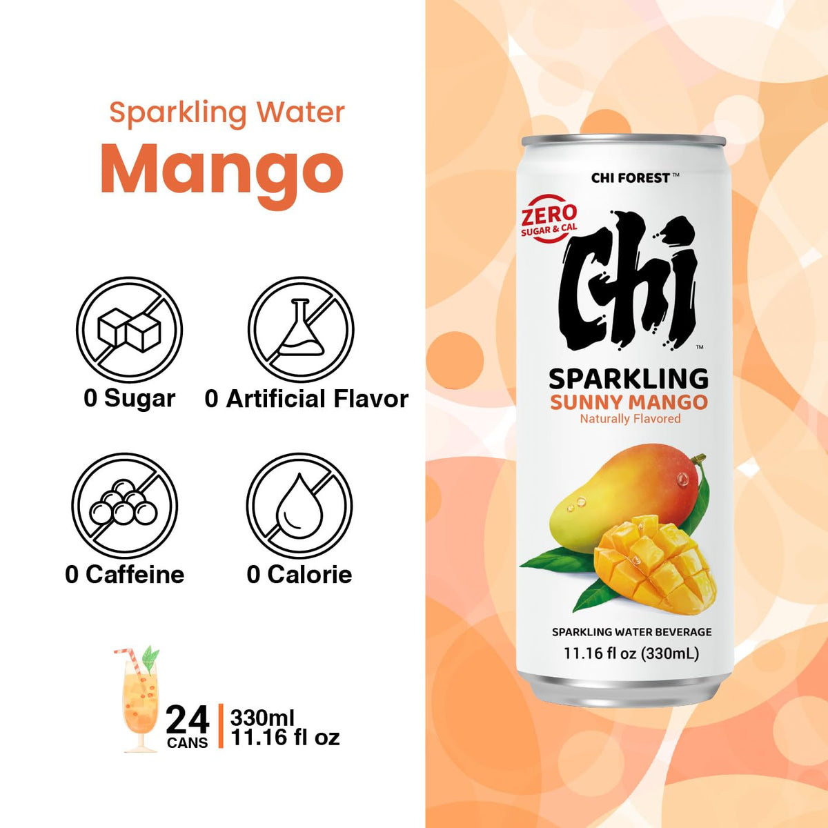 Mango slices beside CHI FOREST Mango Sparkling Water can for flavor pairing and zest.