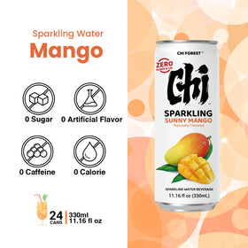 Mango slices beside CHI FOREST Mango Sparkling Water can for flavor pairing and zest.