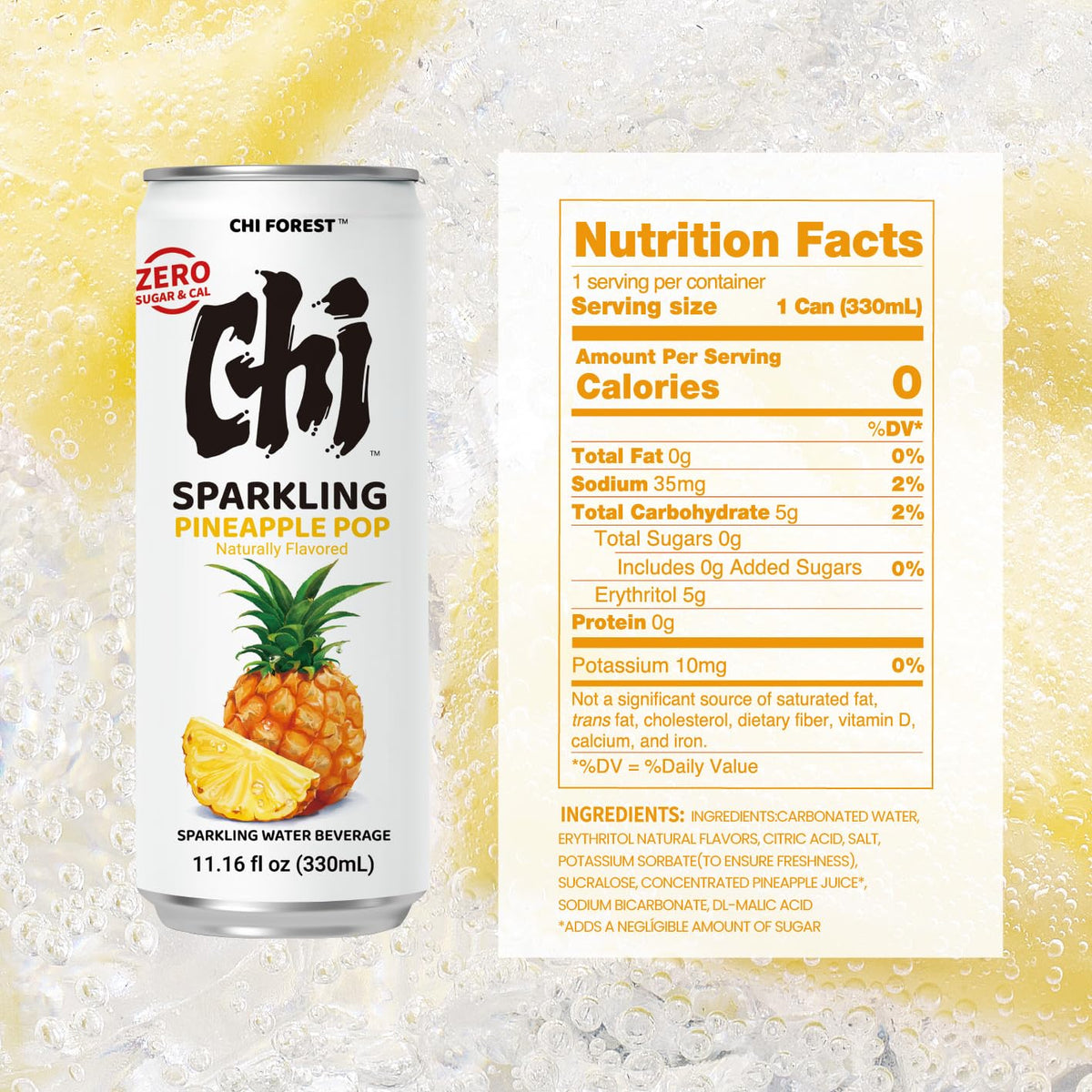 CHI FOREST Pineapple can back detail highlighting ingredients and zero additives