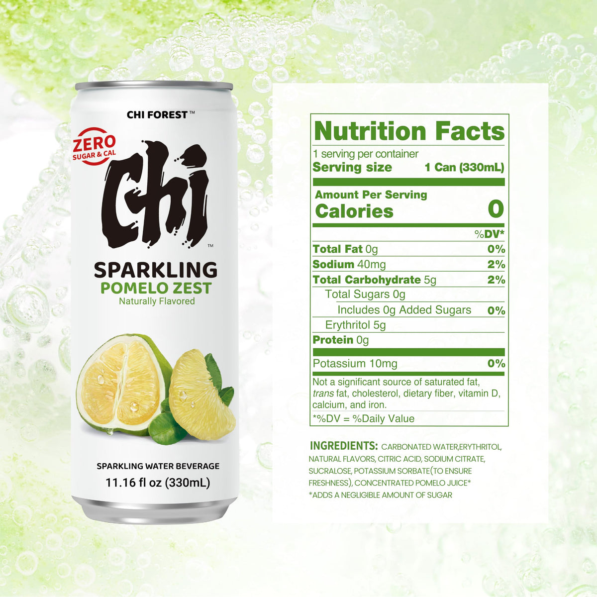 Chilled CHI FOREST Pomelo Sparkling Water in a glass with vibrant bubbles.