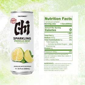 Chilled CHI FOREST Pomelo Sparkling Water in a glass with vibrant bubbles.
