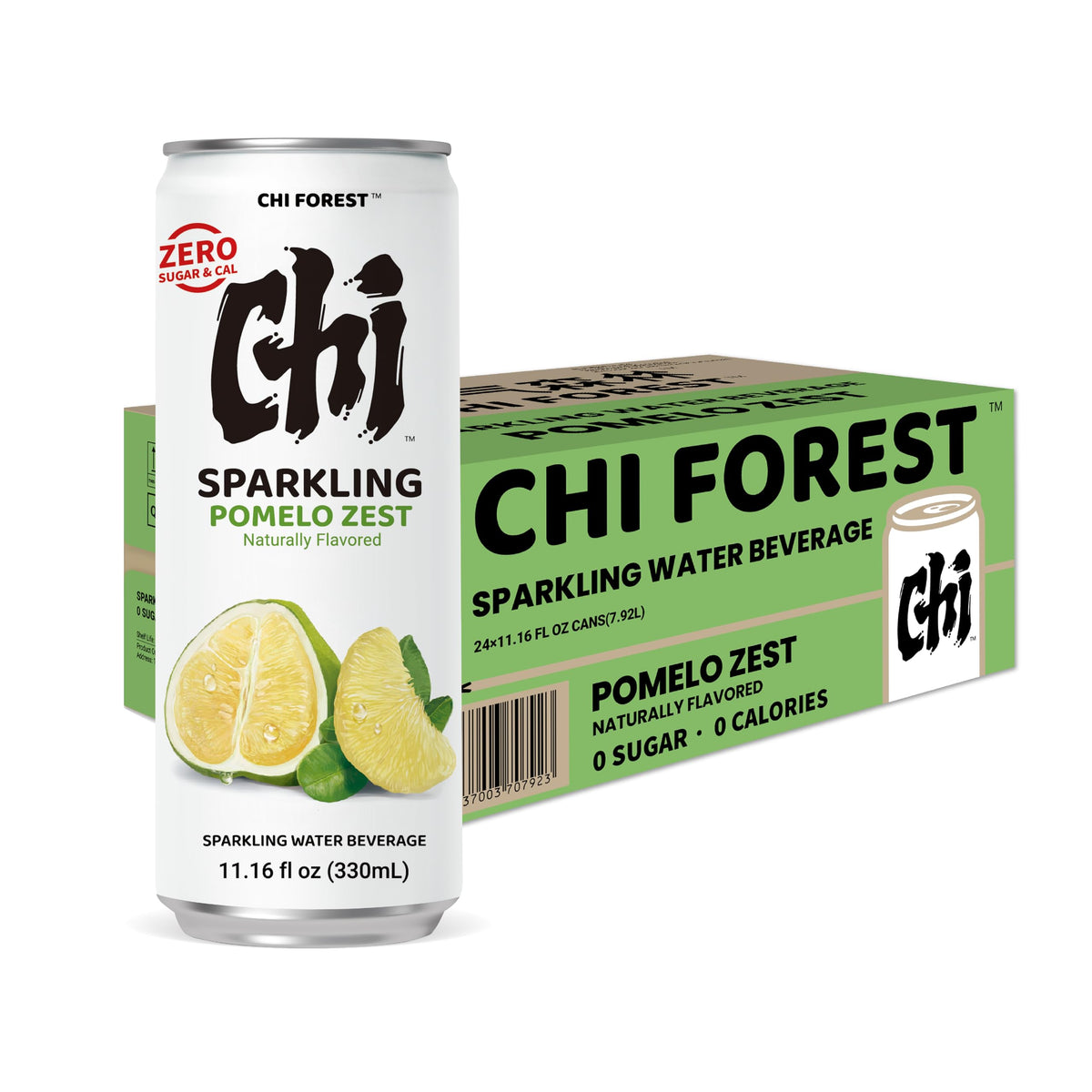 Close-up of CHI FOREST Pomelo Sparkling Water with pomelo zest garnish.