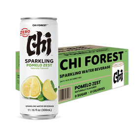 Close-up of CHI FOREST Pomelo Sparkling Water with pomelo zest garnish.