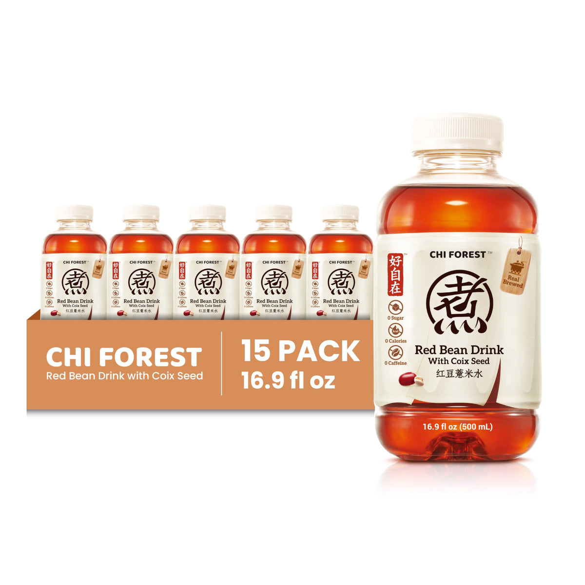 CHI FOREST bottle side label highlights zero calories and natural ingredients.