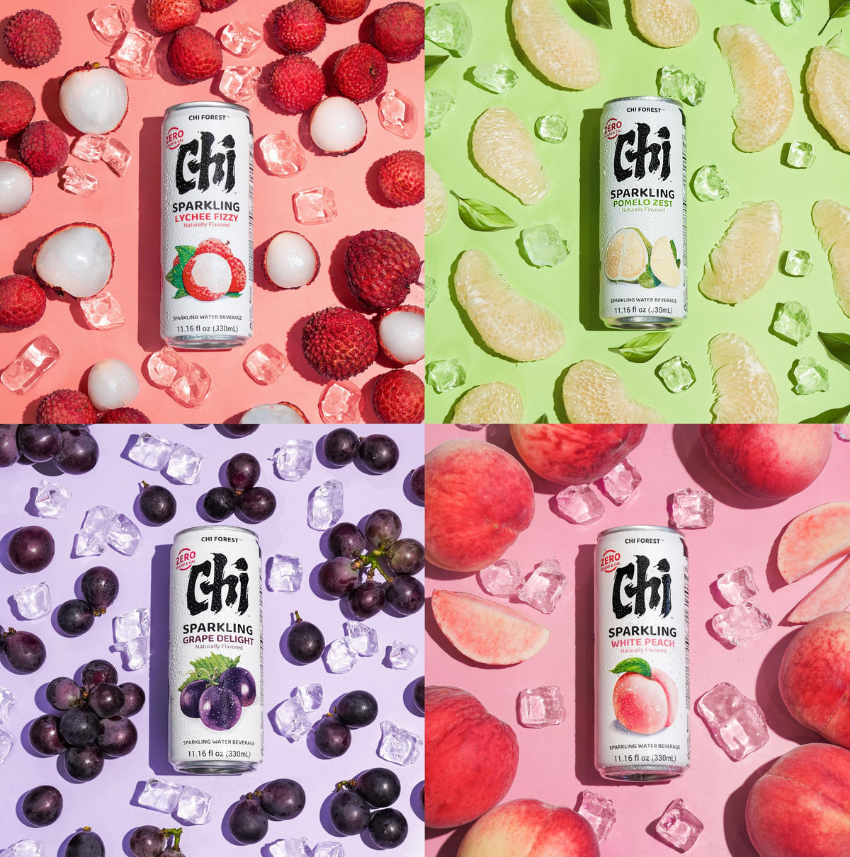 CHI FOREST sparkling water can image signals cold, crisp hydration ready to pour over ice