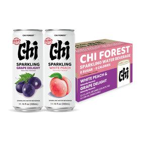 CHI FOREST Peach sparkling water can close-up showing a refreshing peach note and zero sugar