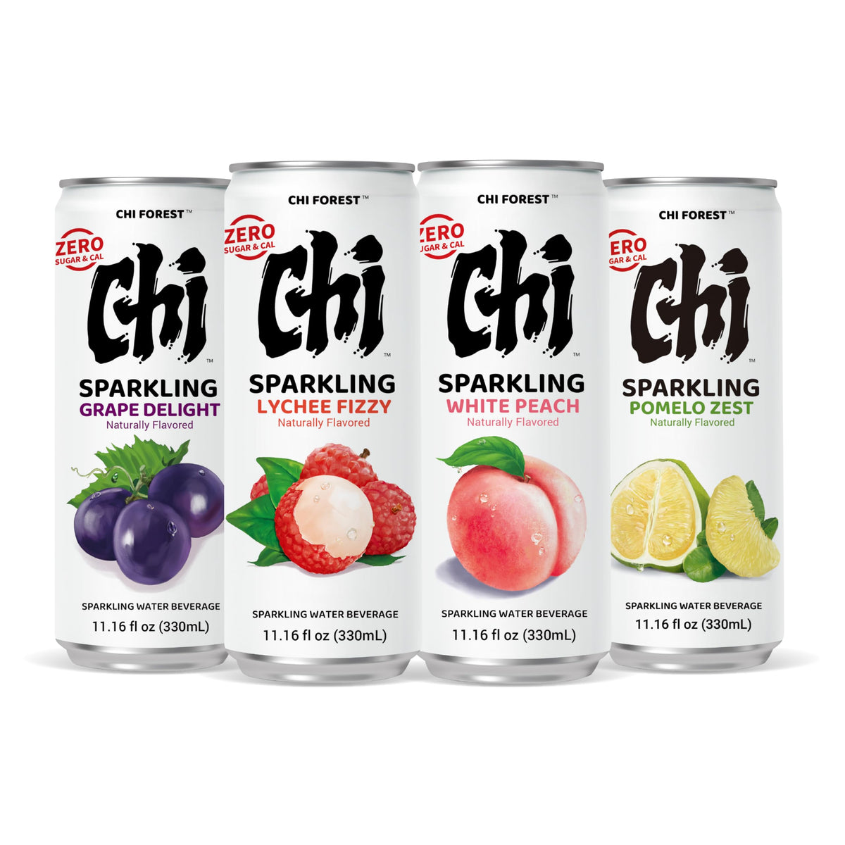 CHI FOREST sparkling water variety pack with four flavors in a 24-can display, refreshing choices