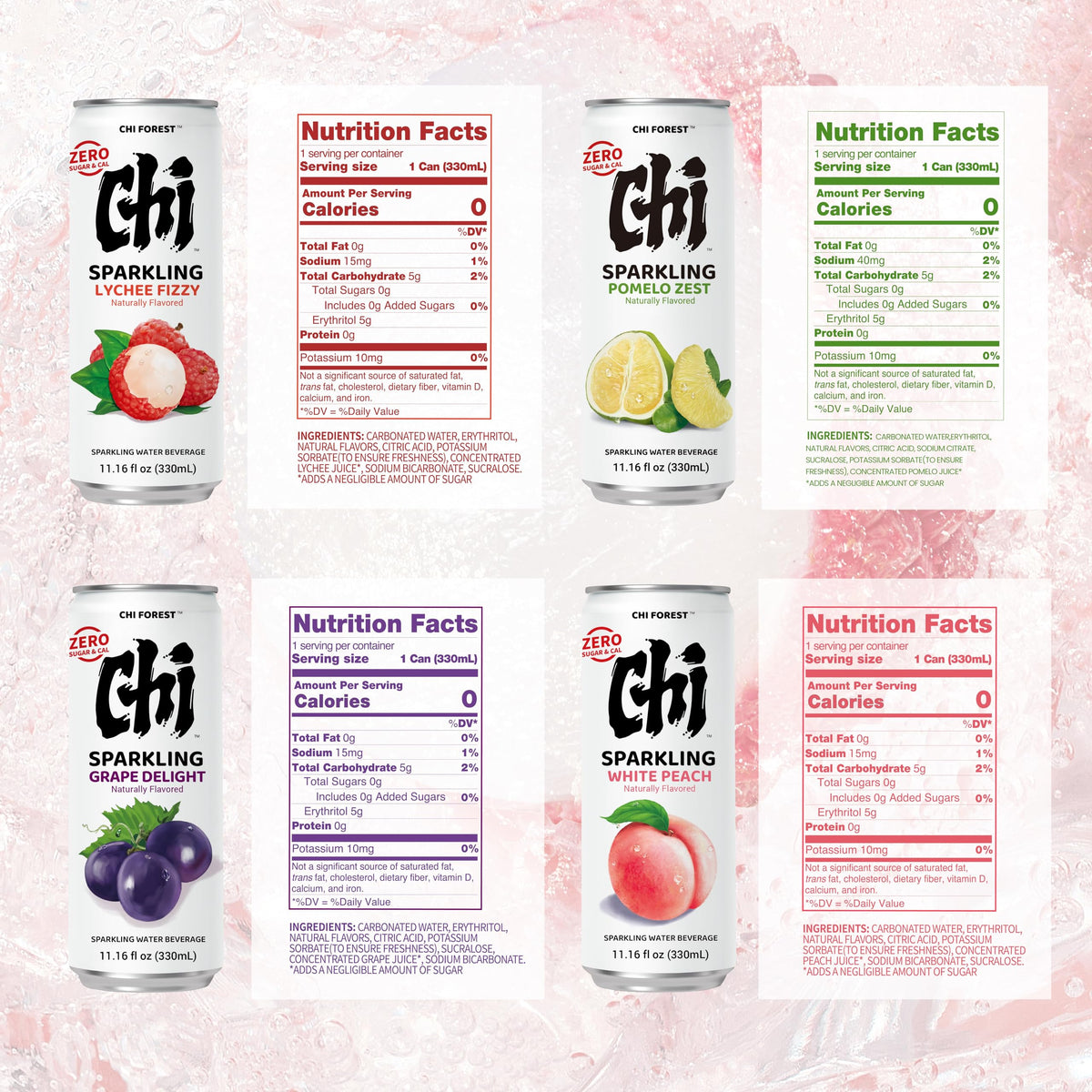 CHI FOREST sparkling water zero sugar cans highlight a calorie-conscious option with bright bubbles