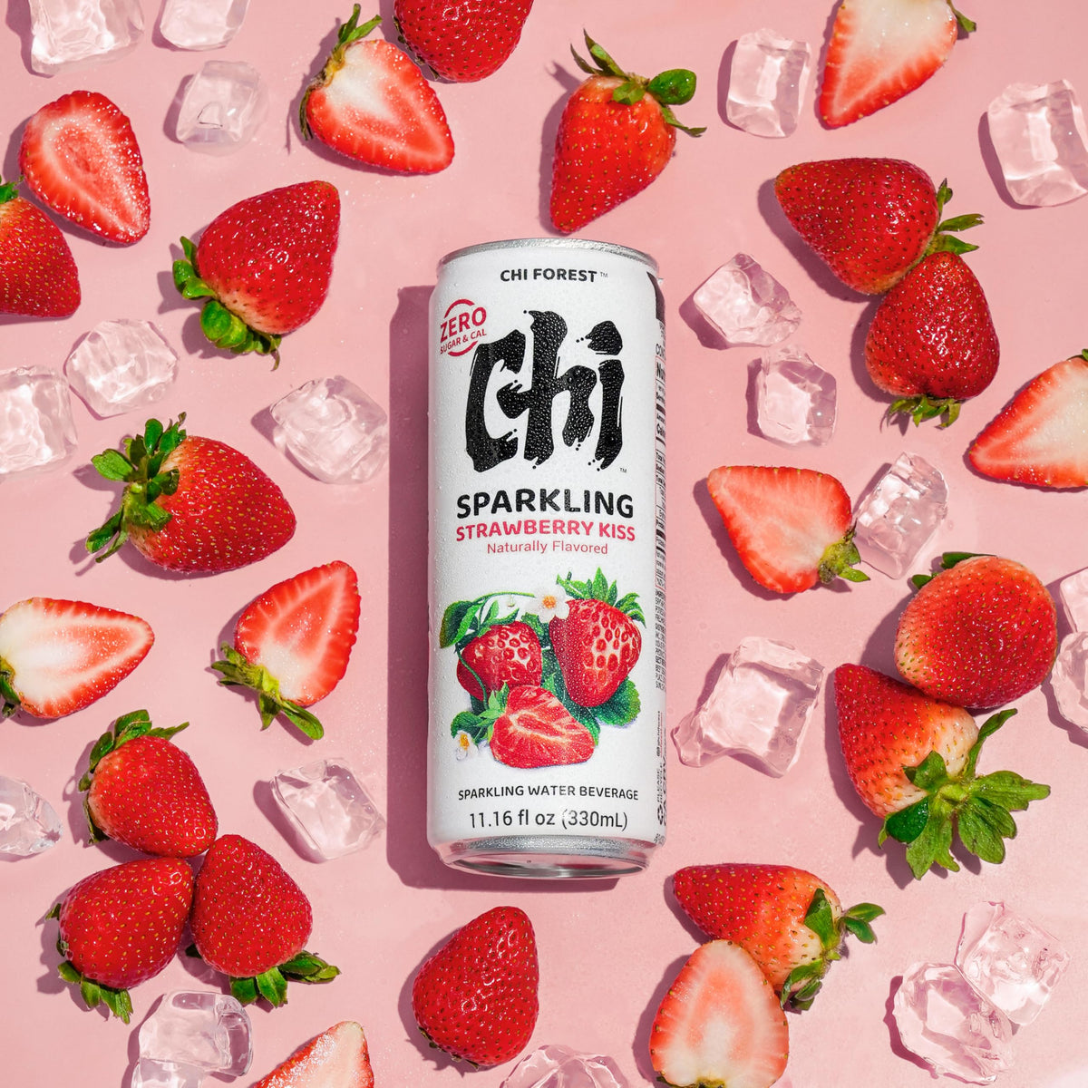 Chi Forest Strawberry Sparkling Water bottle with crisp, fruit-forward flavor for refreshing hydration.