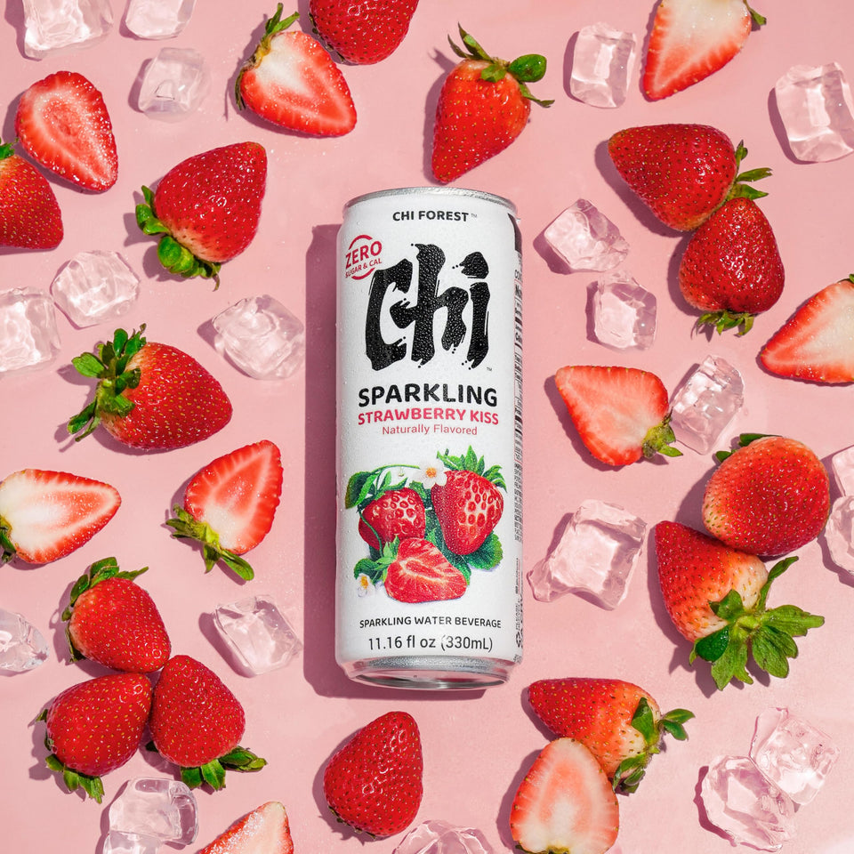Chi Forest Strawberry Sparkling Water bottle with crisp, fruit-forward flavor for refreshing hydration.